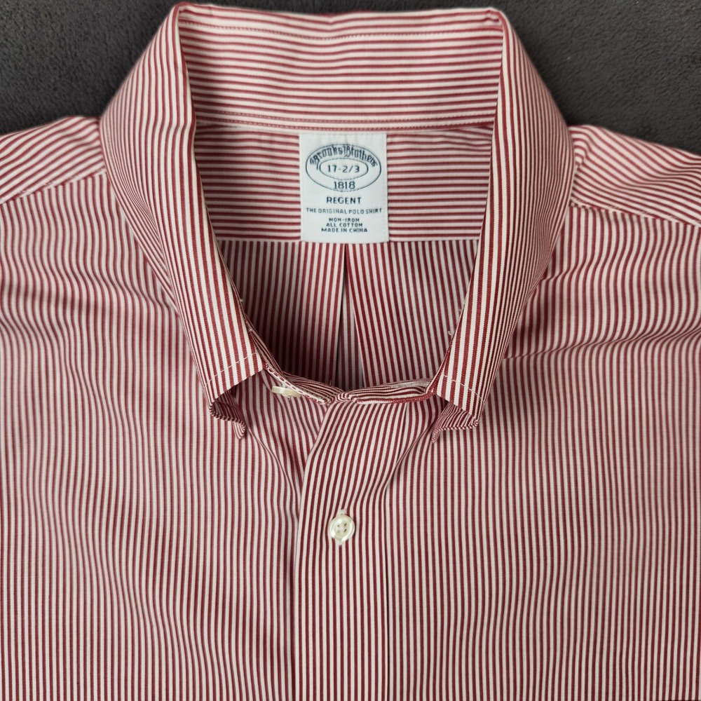 Brooks Brothers Regent Dress Shirt Mens 17 2/3 Red White Striped Non-Iron Cotton